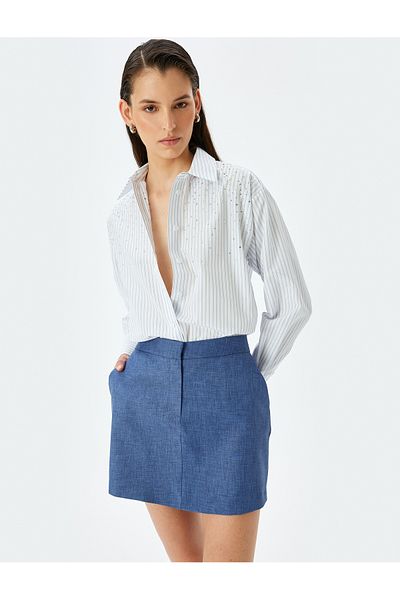 Koton Classic Lapel Long Sleeve Striped Jeweled Poplin Shirt