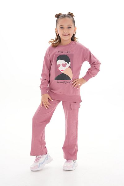 ROBA KIDS Girls' Compact 2-Thread Print Detail Pocket Bottom Top Sweat Suit Rb-8028