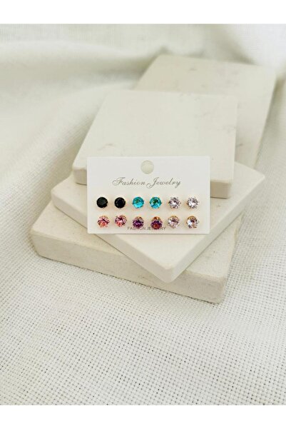 DEMOKAN Kadın İthal Zirkon 12'li Yuvarlak Kararmaz Küpe