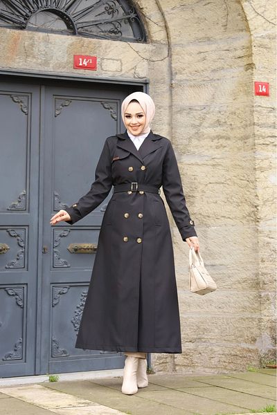 PİNK FLY Μαύρη μακριά γυναικεία καμπαρντίνα Hijab - Διπλό στήθος γιακά και φόδρα