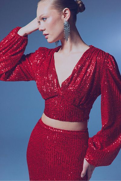Sateen Double Breasted Sequined Crop Blouse - Red