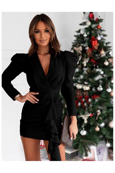 MODAVERA   Women's Long Sleeve Double Breasted Collar Watermelon Sleeve Skirt Ruffle Detail Crepe Mini Dress