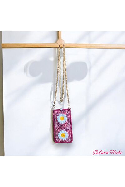 Satürn Hobi Daisy Motif Phone Bag & Glasses Case with Knitted Chain Strap