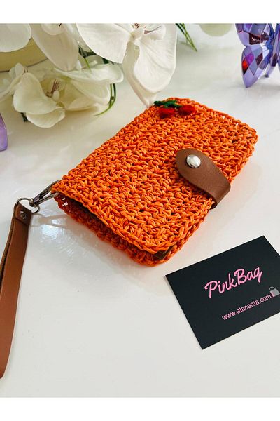 PİNKBAG Handmade Wicker Cherry Detailed Orange Wallet