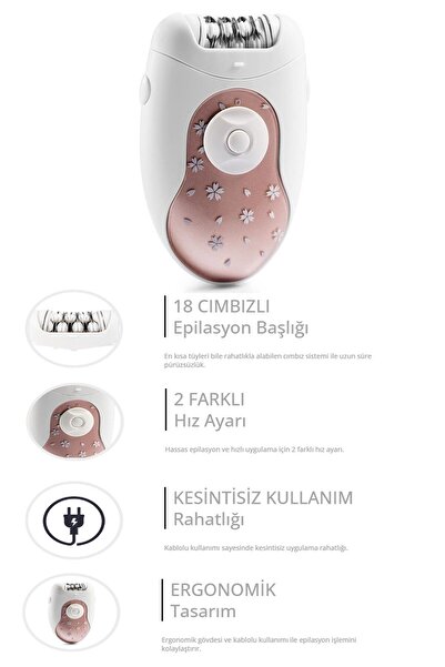 Arzum Rosy Kablolu Epilatör 2 Hız Ayarı 18 Cımbızlı - AR5029