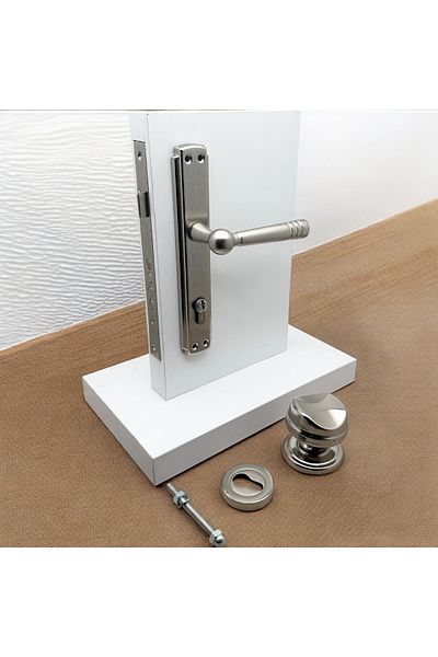 KOLDOOR Nickel Satin Yale - Right Hand Press Knob with Steel Door and Bottom Badge (Excluding Lock)