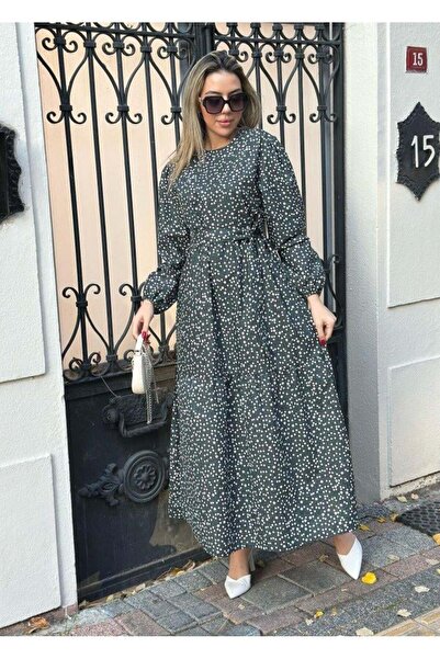 Genel Markalar Kadın Uzun Kollu Bisiklet Yaka Papatya Desen Kuşak Dahil Maxi ...