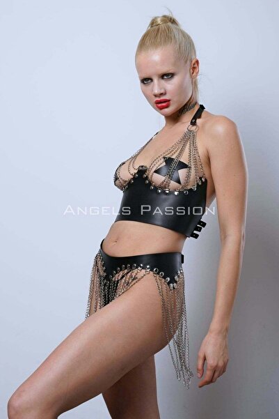 Angels Passion Zincirli Büstiyer Etek Takım, Şık Deri Etek ve Büstiyer