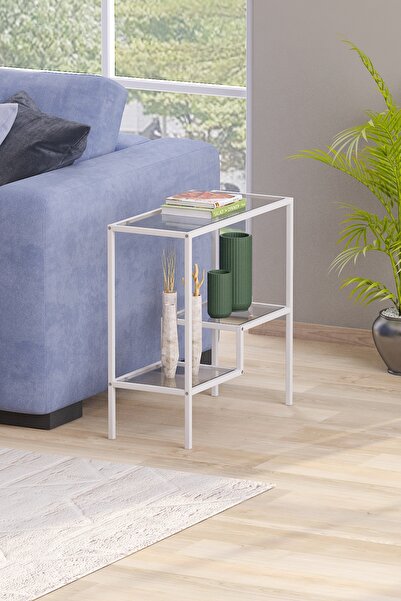 TOLIAHOME Beyaz Renk Temper Camlı Yan Sehpa Metal İskeletli Komodin