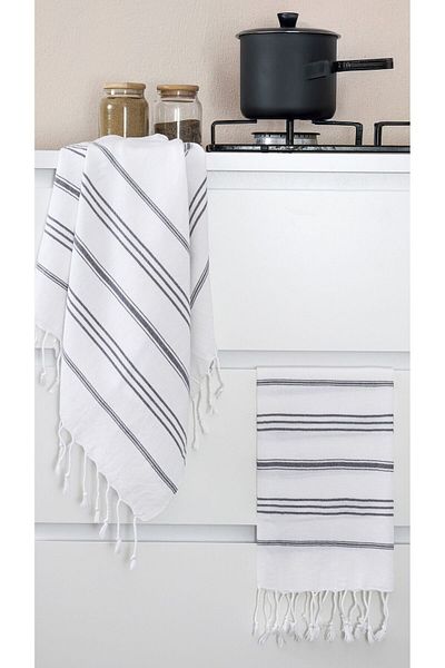 Miracolo Home Sultan Peskir - Set of 2 White and Black Striped Drying Cloth
