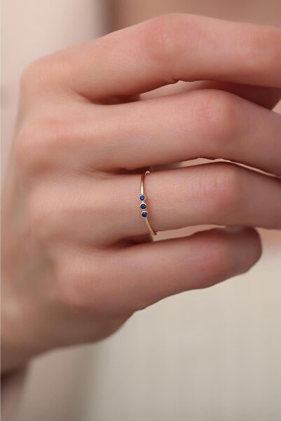 Bayar Gold 14 Ayar Altın Üç Taşlı Minimal Lacivert Yüzük