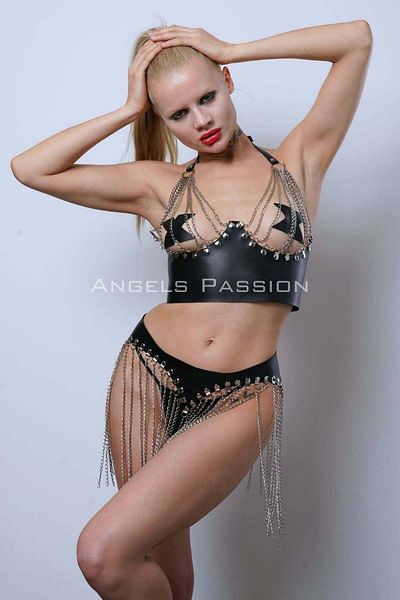 Angels Passion Σετ φούστα Bustier με αλυσίδα, κομψή δερμάτινη φούστα και μπουστάκι