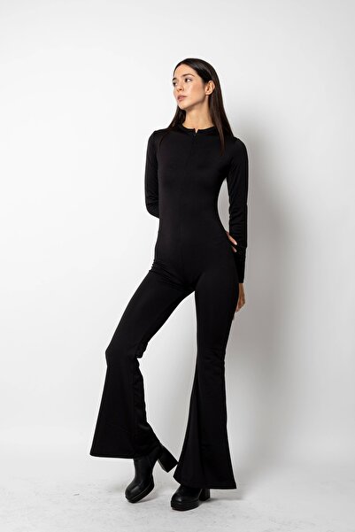 Bak Moda Salopetă neagră cu fermoar cu picior spaniol