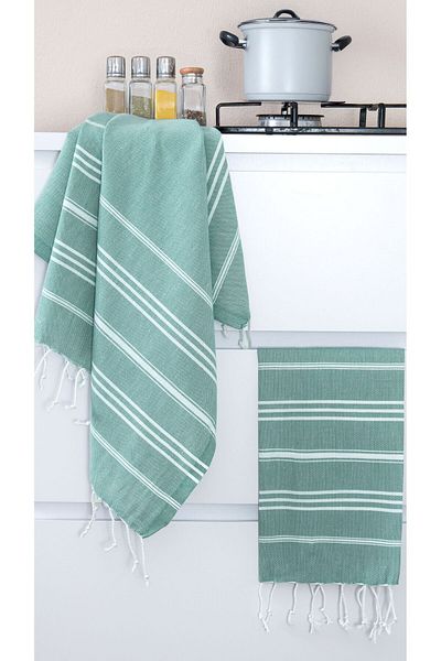 Miracolo Home Sultan Peskir - Green and White Striped Set of 2
