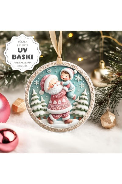 Sevimli Hediye Christmas Pine Tree Ornament - 3D Design Uv Printed - with Santa Claus and Child