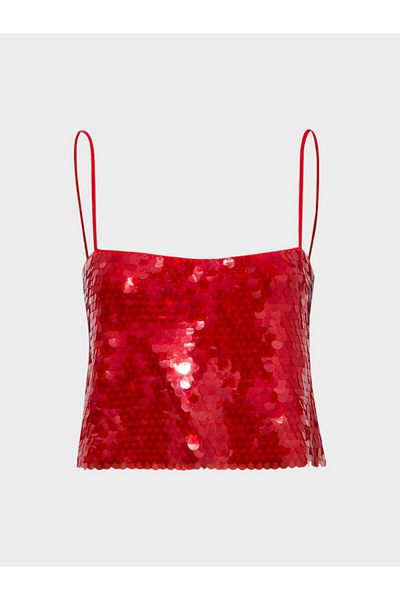 RİVUS Rope Strap Sequin Crop Blouse - Red
