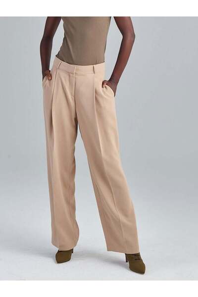 RİVUS Wide Leg Crepe Trousers - Beige