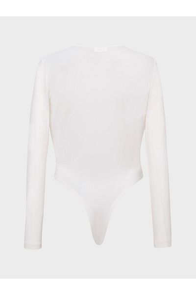 RİVUS Gathered Long Sleeve Bodysuit with V-Neck - Ecru