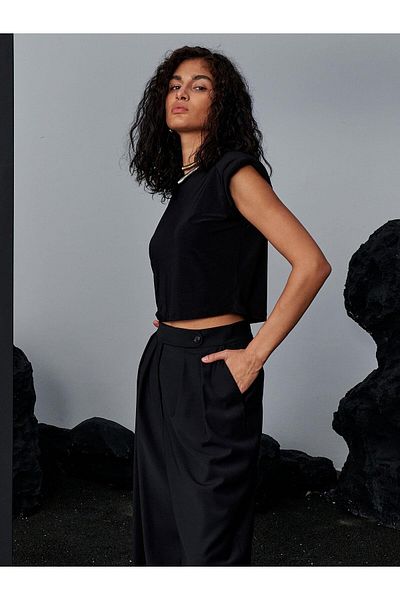 RİVUS Oversize Cut Padded Draped Crew Neck T-Shirt - Black