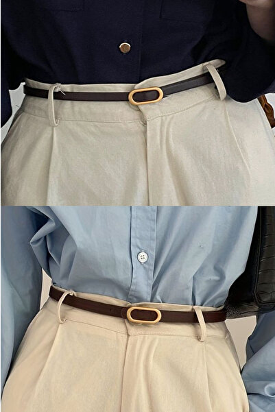 H&E LUXURY DESIGN Kadın 2'li Gold Oval Tokalı İnce Pantolon, Gömlek, Ceket, Elbise, Kazak Kemeri