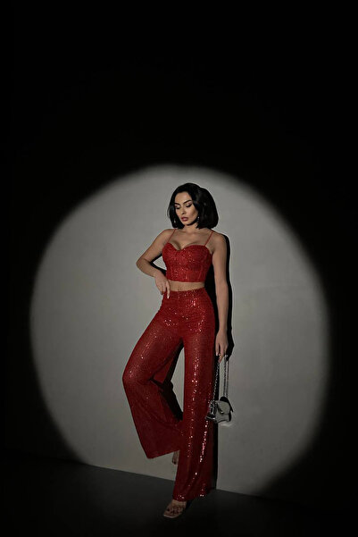 Neşeli Butik kadın kırmızı payet palazzo crop takım NBDF01