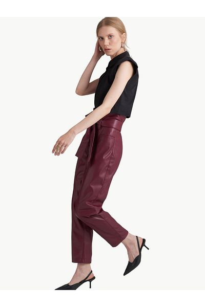 RİVUS Pantaloni din piele vegană cu talie înaltă - Roșu Claret