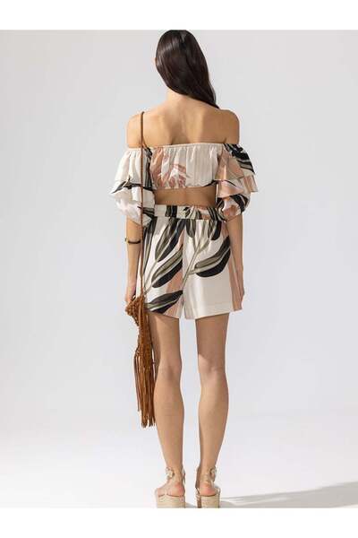 RİVUS Frilly Elastic Crop Top - Beige Patterned