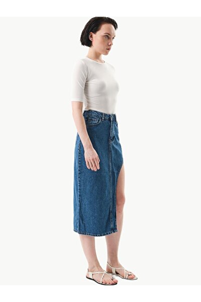 RİVUS Derin Yırtmaçlı Jean Etek - Indigo