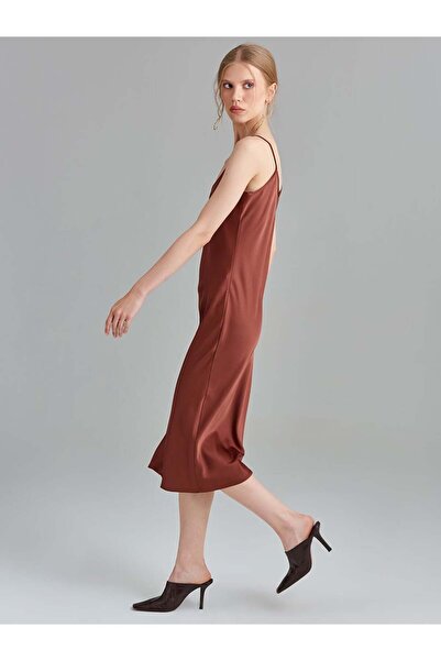 RİVUS Spaghetti Strap Satin Midi Dress - Copper