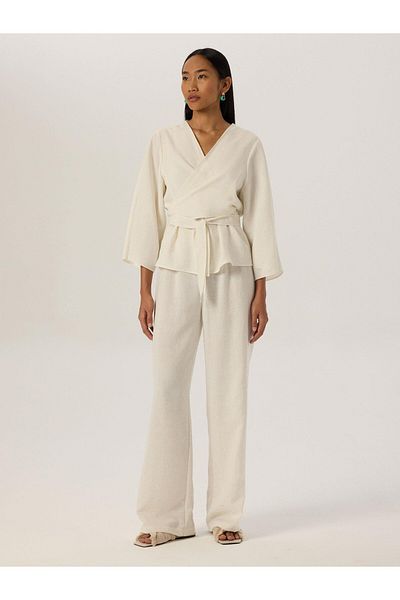 RİVUS White Draped Loose Cut Elastic Waist Trousers