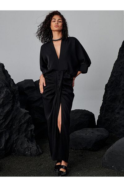 RİVUS Gathered Dress with Trim Button - Black