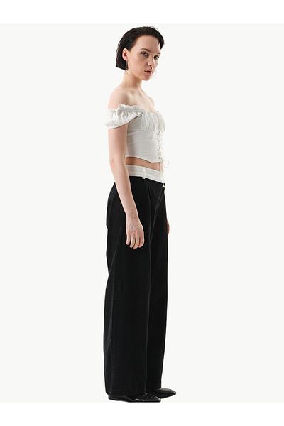 RİVUS Black Asymmetrical Closure and Garni Detailed Wide Leg Jeans