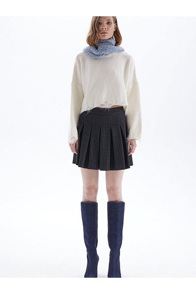 RİVUS Pöti Square Patterned Pleat Detailed Short Skirt - Anthracite