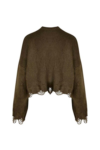 RİVUS Yırtık Detaylı Oversize Crop Triko - Haki