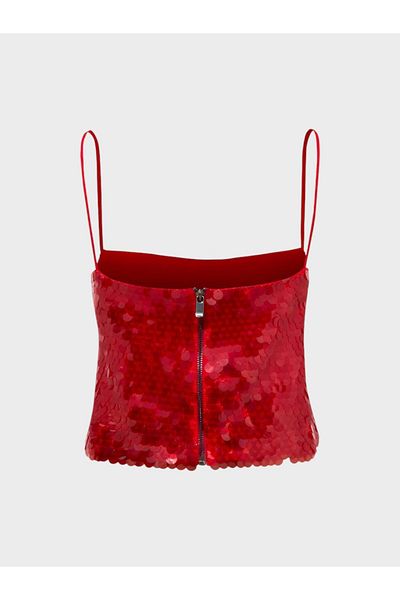 RİVUS Rope Strap Sequin Crop Blouse - Red