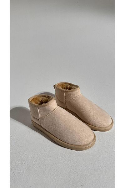 Eataly Shoes Botine ultra mini bej din piele intoarsa cu talpa plată