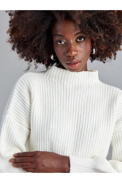 RİVUS Stand Collar Balloon Sleeve Knitwear Sweater - Ecru