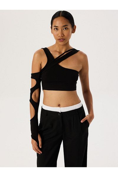 RİVUS Cross Strap Single Sleeve Crop Bodysuit - Black