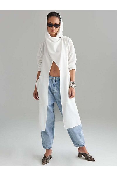 RİVUS Long Pocket Cardigan Jacket with Neck Collar - Ecru