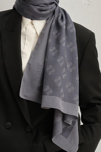 Armine Tensel-Silk Shawl - Minimal Monogram Pattern - Atn1 - 3296 - Grey