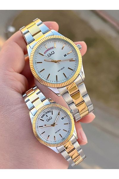 Q&Q Couple Special Steel Band Guaranteed Calendar Dial 3 Atm Lover Combination Wrist Watch Ec.Byn041.J