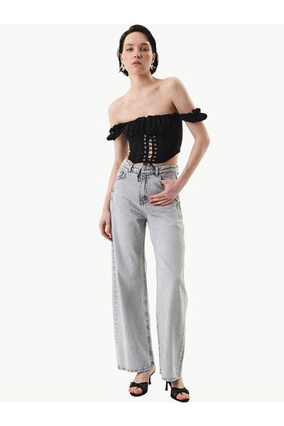 RİVUS Gray High Waist Wide Leg Jean Trousers