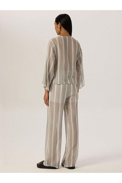 RİVUS Gray Striped Loose Cut Draped Trousers - Elastic Waist