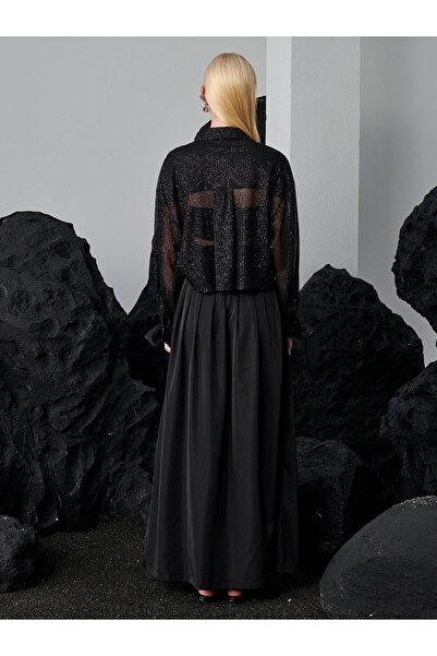 RİVUS Waist Belted High Waisted Front Slit Pleated Long Skirt - Black