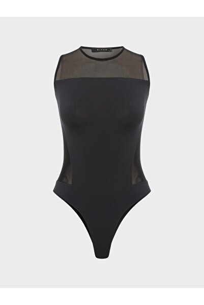 RİVUS Tulle Low-Cut Detail Crew Neck Sleeveless Bodysuit - Black