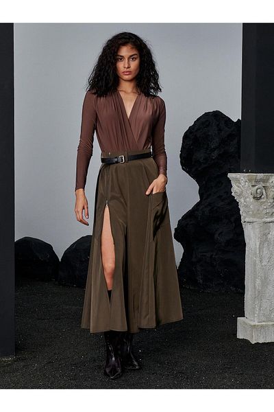 RİVUS Waist Belted Zippered Slit Detail Pocketed Skirt - Khaki