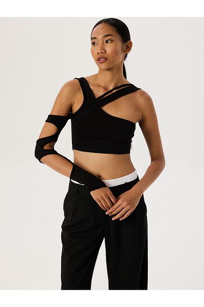 RİVUS Cross Strap Single Sleeve Crop Bodysuit - Black