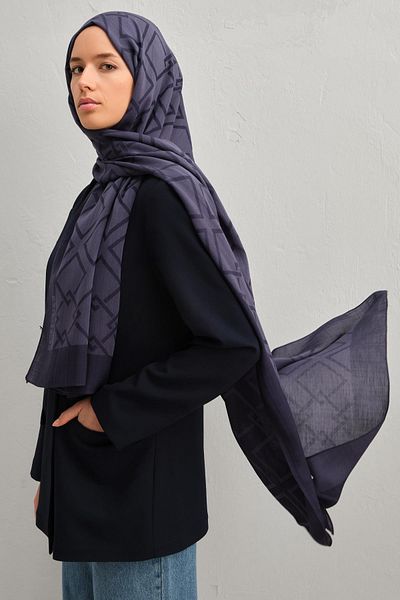 Armine Tensel-Silk Shawl - Μοτίβο αλυσίδας - ATN2 - 3293 - Navy Blue