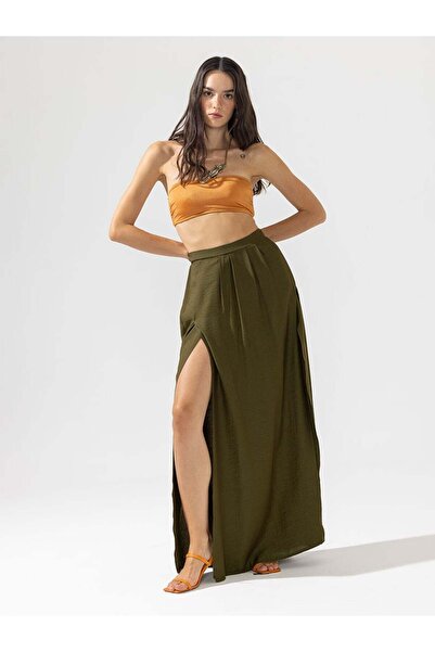 RİVUS Elastic Waist Belted Front Double Slit Skirt - Khaki