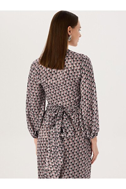 RİVUS Long Sleeve Red Patterned Blouse - With Belt Tie Detail